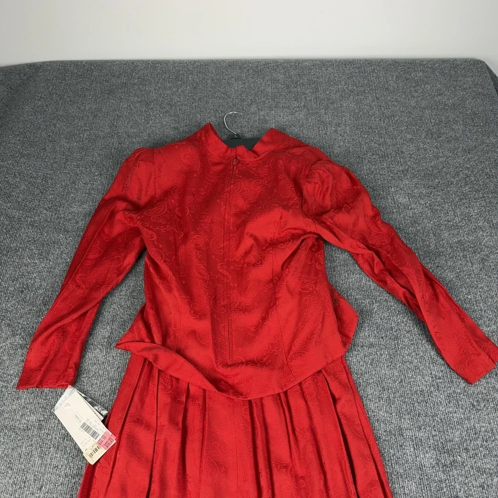 Karin Stevens Jacket Skirt‎ Dress Womens 14 Red Floral Jacquard Beaded Formal